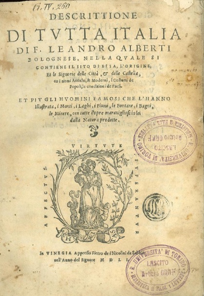 Frontespizio dell’opera di Leandro Alberti Descrittione di tutta Italia (edizione 1577)